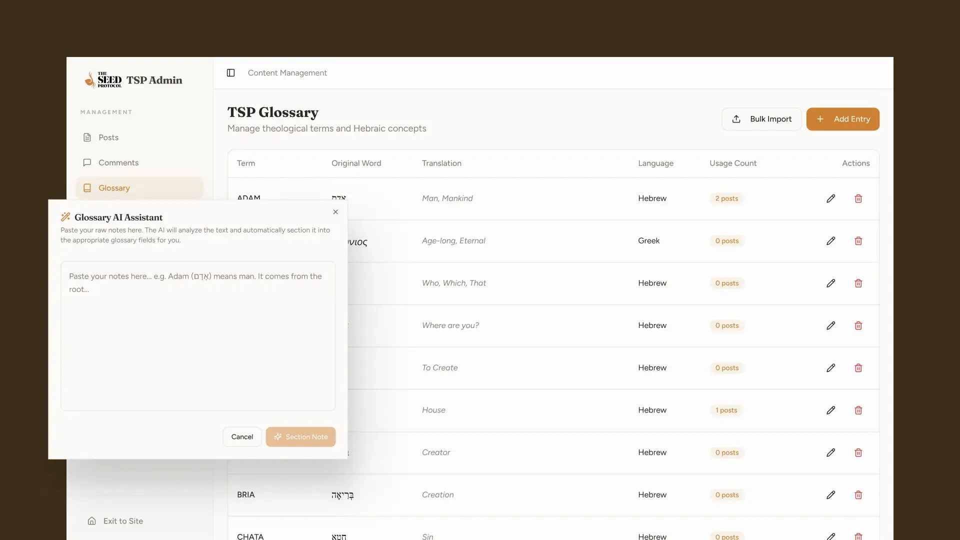 Admin – Glossary Manager & AI Note Parser